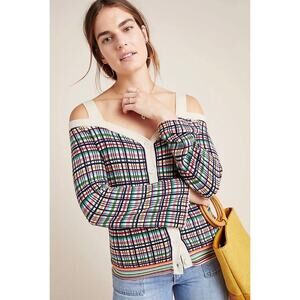 Anthropologie Krissy Plaid Cold-Shoulder Cardigan Boho Medium Colorful